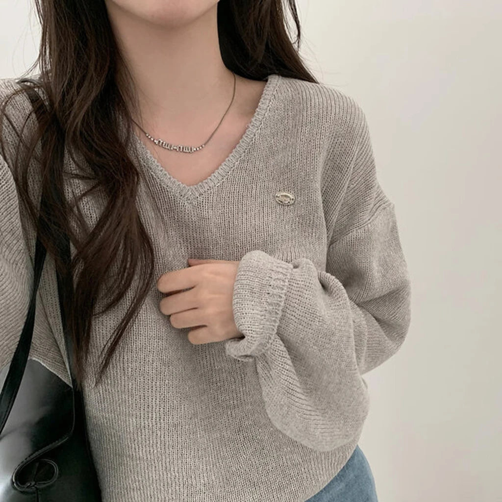 Loose Women’s Knitwear V-Neck Long Sleeve T-Shirt – Casual Comfortable Fashionable Autumn Top New Arrival