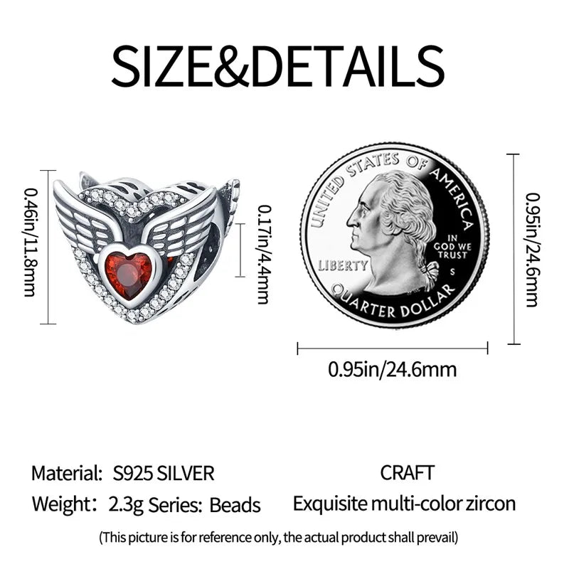 S925 Silver Angel Baby Charms | Heart Shape Wings Dangle Beads Fit Bracelet & Necklace