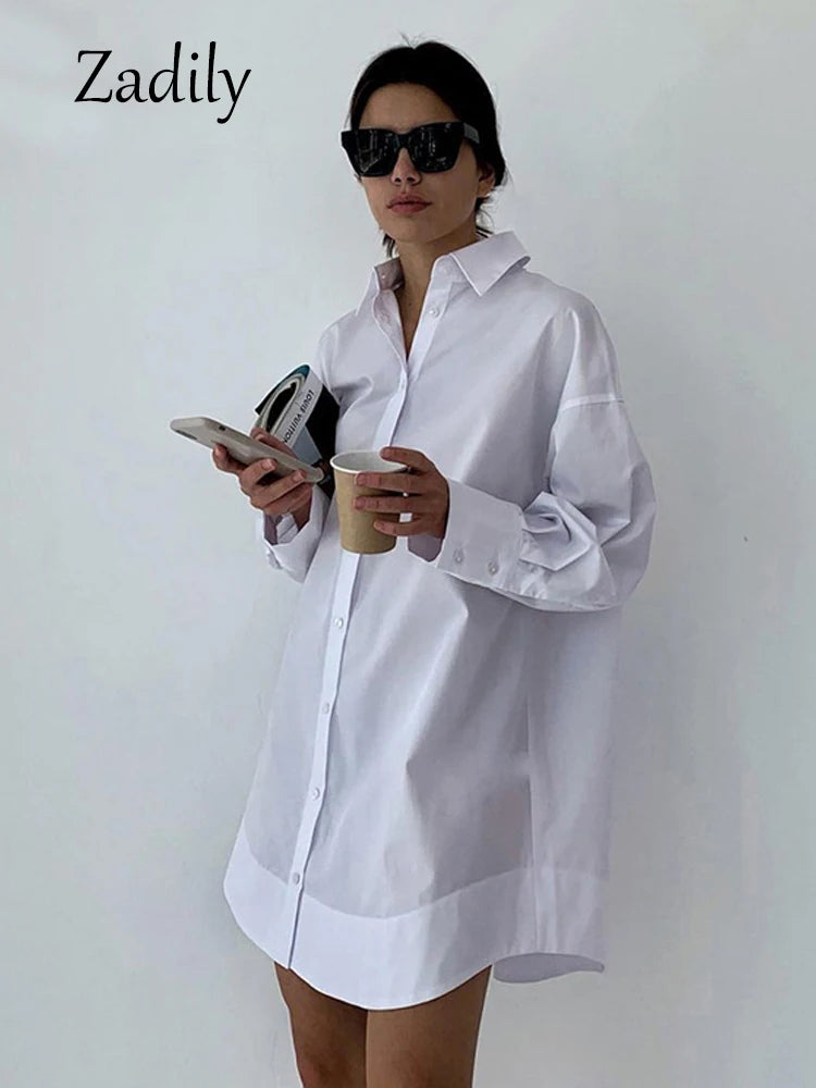 Zadily Autumn 2025 Women’s Oversized White Long Shirt – Minimalist Patchwork Button-Up Work Blouse