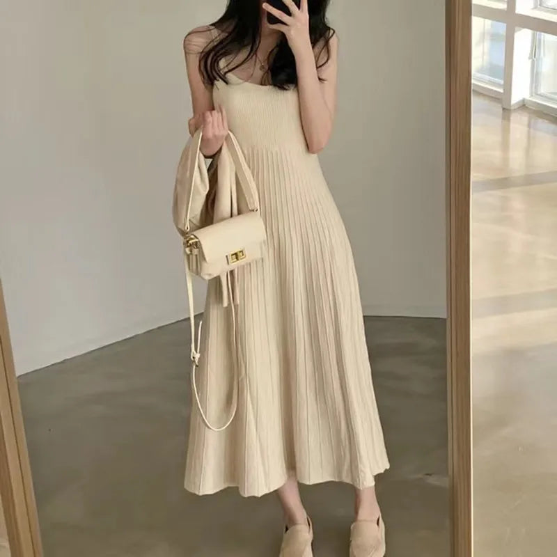 Autumn Winter New Slim Fit Strap Dress – Casual Versatile Long Sleeve Maxi Skirt | Elegant Polyester Fiber Outerwear Dress