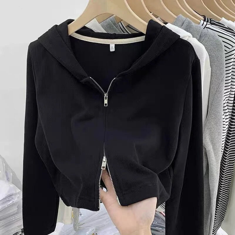 ✨ Design Sensation Women’s Short Knitted Hat & Double Zipper Cardigan 🧶 Pure Color Korean Style Long Sleeve Spring Autumn Fashion