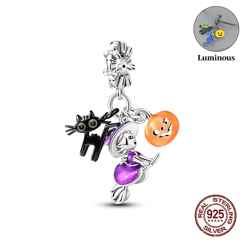 925 Sterling Silver Halloween Luminous Skull & Pumpkin Charms | Fits Original Pandora Bracelet | Party DIY Jewelry Gift