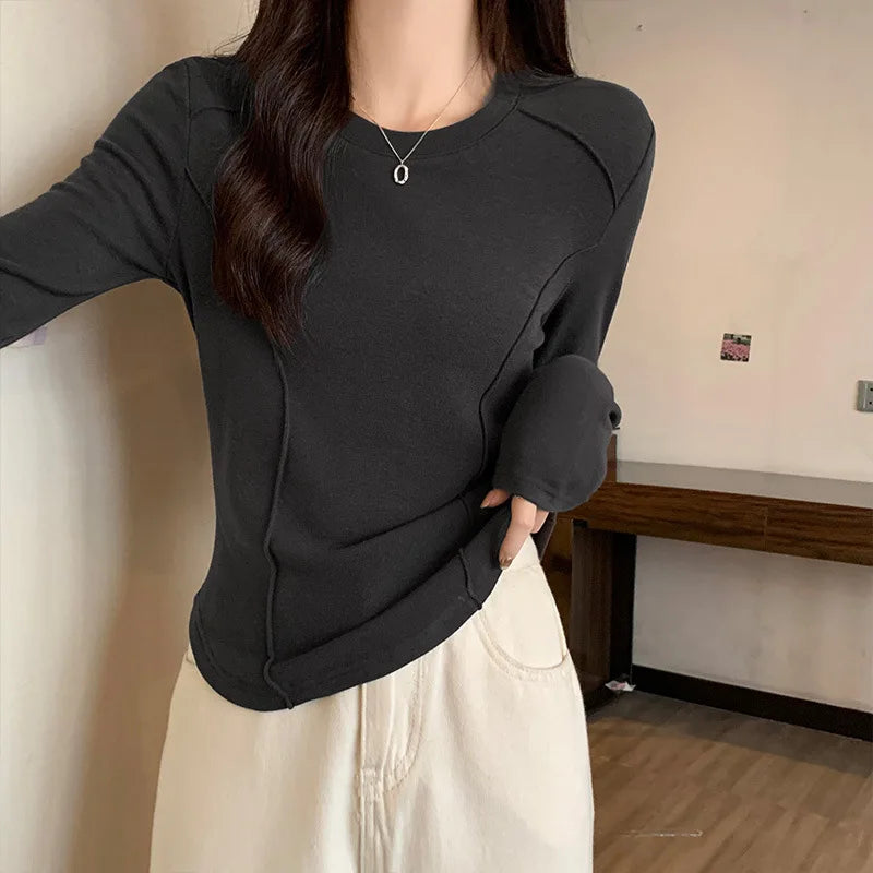Women's Long Sleeve Velvet Base Shirt 👚 Slim Fit Round Neck T-Shirt ✨ Pure Color Winter Fashionable Top ❄️