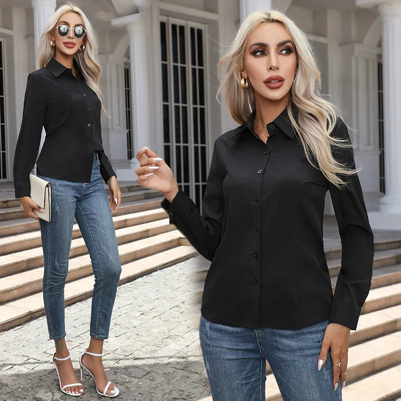 Women’s Solid Color Long Sleeve Shirt – Spring Autumn Casual Turn-Down Collar Loose Top