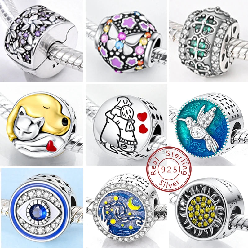 925 Sterling Silver Safety Chain & Clip Charms – CZ Pave Round Beads Fit Pandora Bracelet DIY Jewelry Making