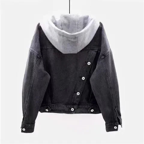 Women’s Hooded Denim Jacket | Patchwork Button Coat with Pockets Streetwear Outerwear 2025