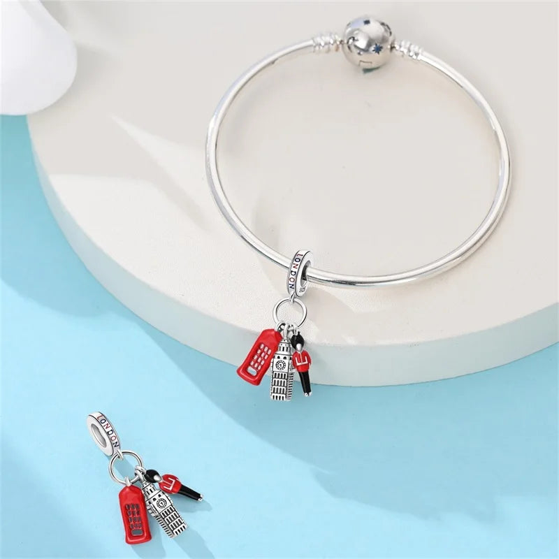 925 Sterling Silver London Red Telephone Booth & Soldier Charm | Souvenir Pendant Fit Original Bracelet | DIY Jewelry Gift