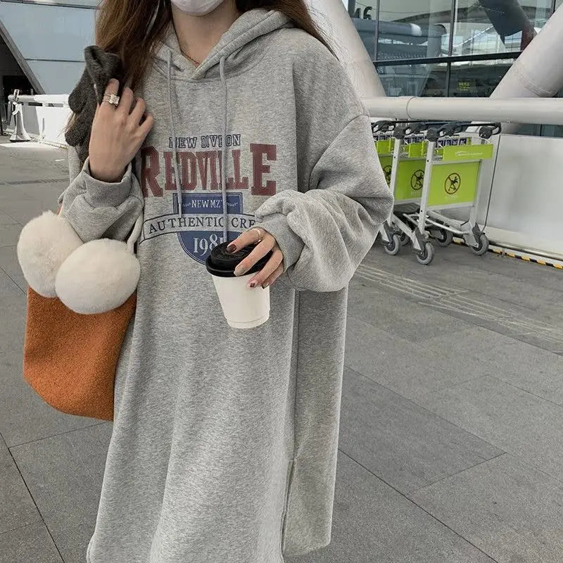 Winter Thiened Fleece Sweatshirt Dress – Printed Midi Skirt Hoodie Dress, Lazy Long Sleeve Outerwear for Young Women