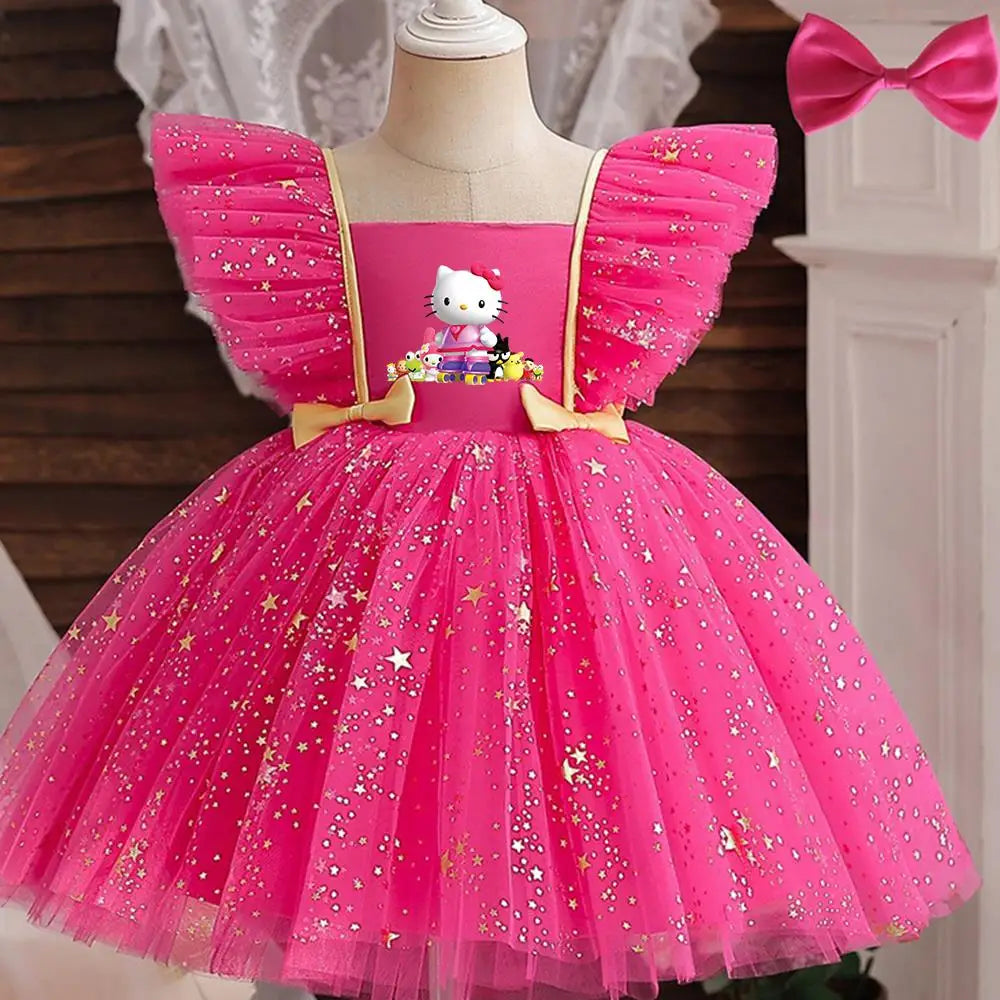 Hello Kitty Girl Party Dress Christmas Birthday School Holiday High Waist Tulle Dress Bow Wedding Gown Kids Wear Princess Dress