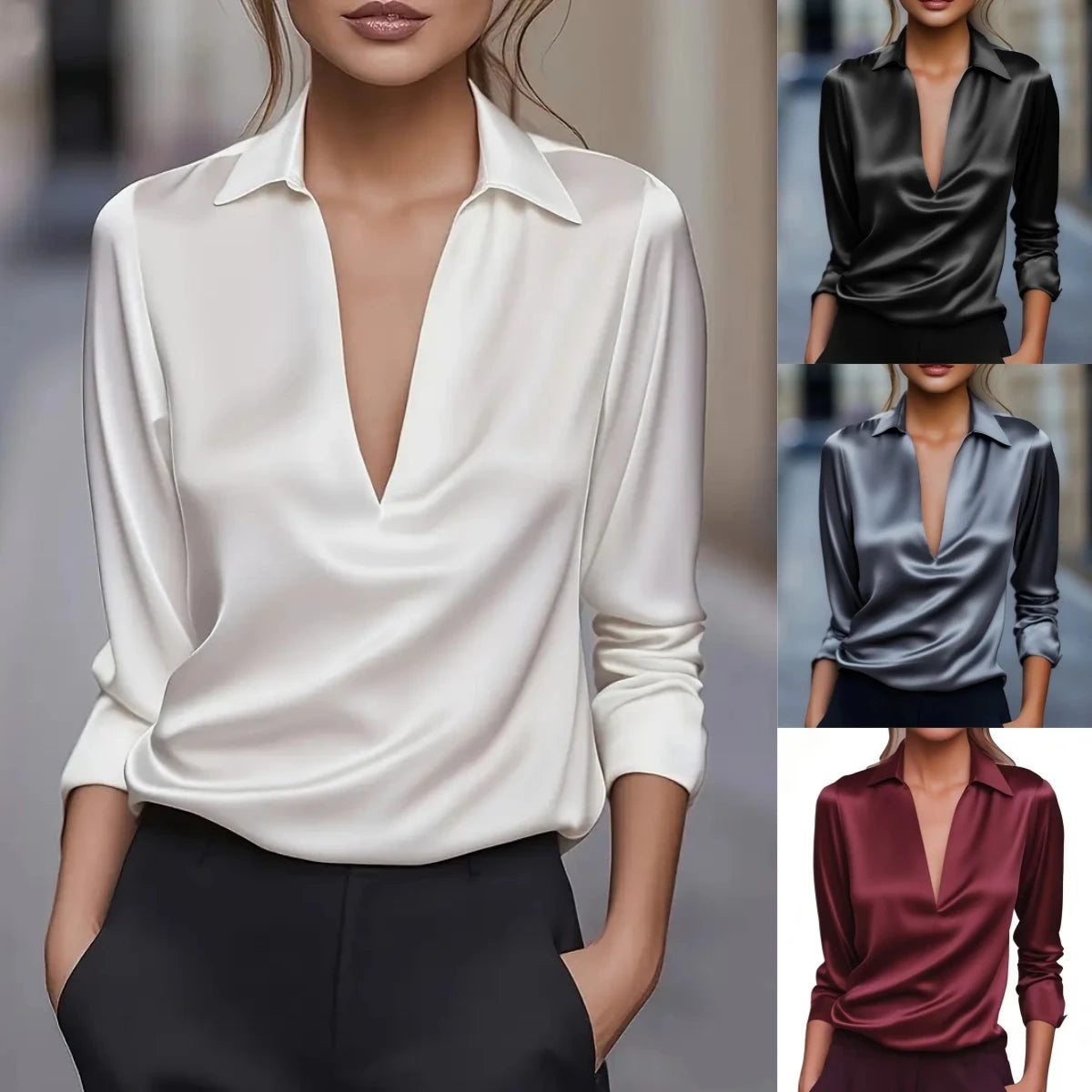 Women’s Elegant Satin Work Shirt – Modern Plain Long Sleeve Collar Top for Casual & Office Wear