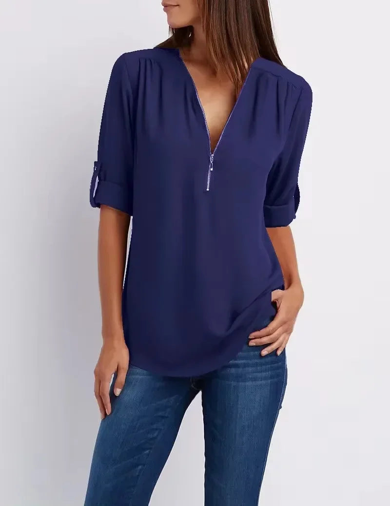 2025 Women’s Chiffon Blouse | Sexy Deep V-Neck Zipper Pullover Loose Fashion Top Plus Size