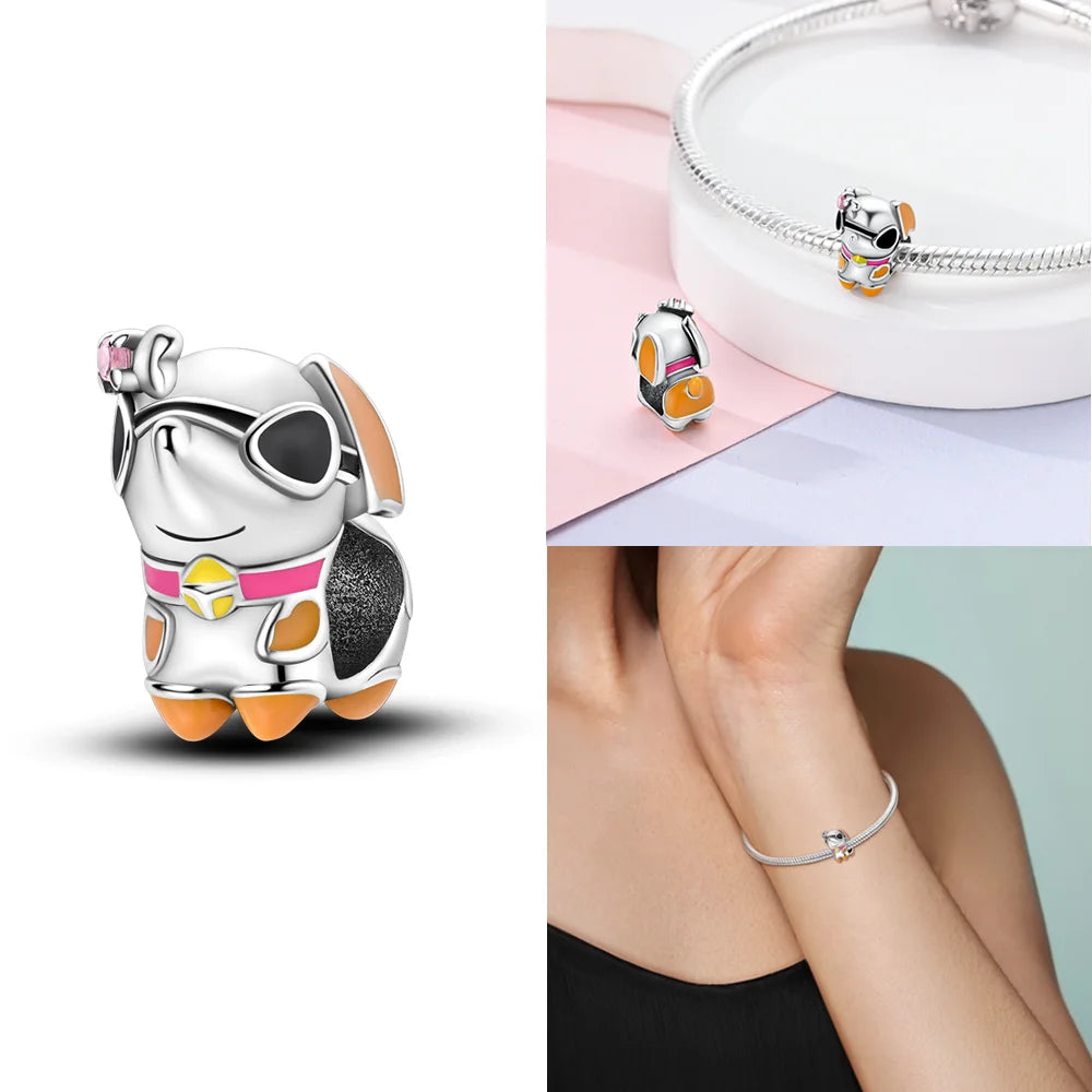 Original 925 Sterling Silver Pink Zircon Cat Dog Squirrel Red Heart Bead | Fit Bracelet Women DIY Jewelry Gift