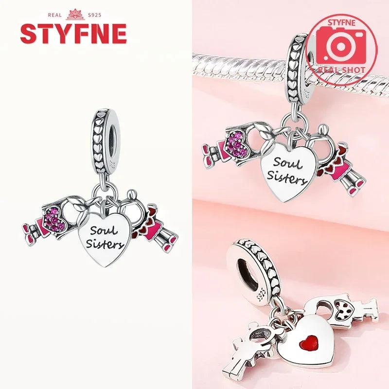 S925 Silver Forever Love Family Sister Heart Charm – Fit Original Bracelet DIY Jewelry Gift for Women & Friends