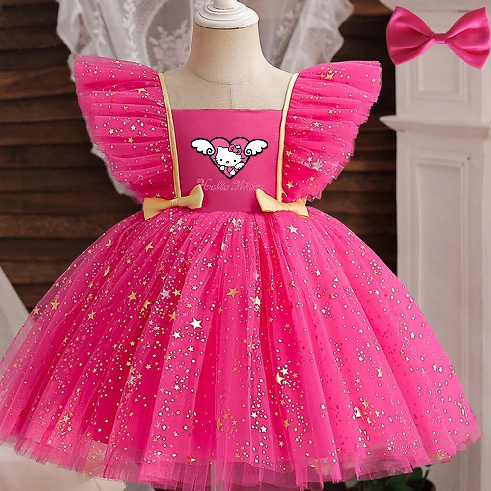 ✨ Hello Kitty Princess Dress for Girls 👑 Sequined Star Tutu Gown 🎀 Ruffle Bow Kids Party & Prom Dress