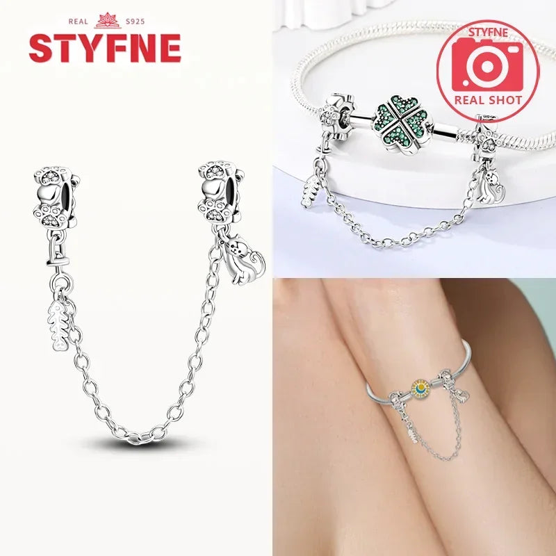 S925 Silver Cute Cat Heart Bead Safety Chain Fit Original Bracelet