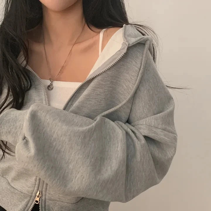 Chic Early Autumn Casual Long Sleeve Hoodie – Double Zipper Loose Versatile Cotton Pullover | Pure Color Commute Wear