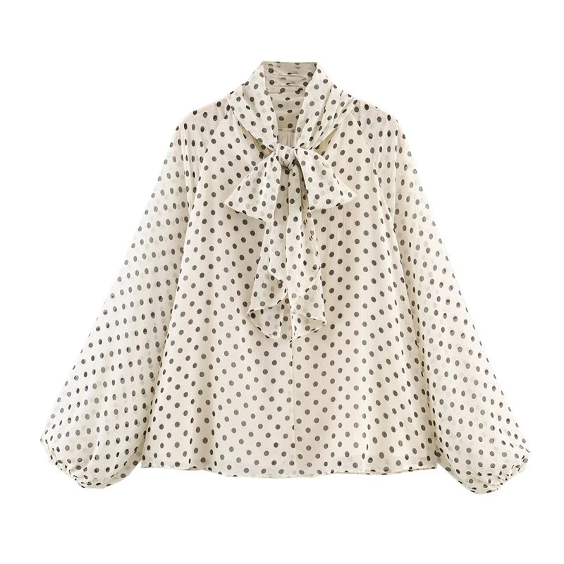 Women’s Polka Dot Shirt – Beige/Brown High Neck Puff Sleeve Casual Loose Top Fashion Commuter Style 🌿✨
