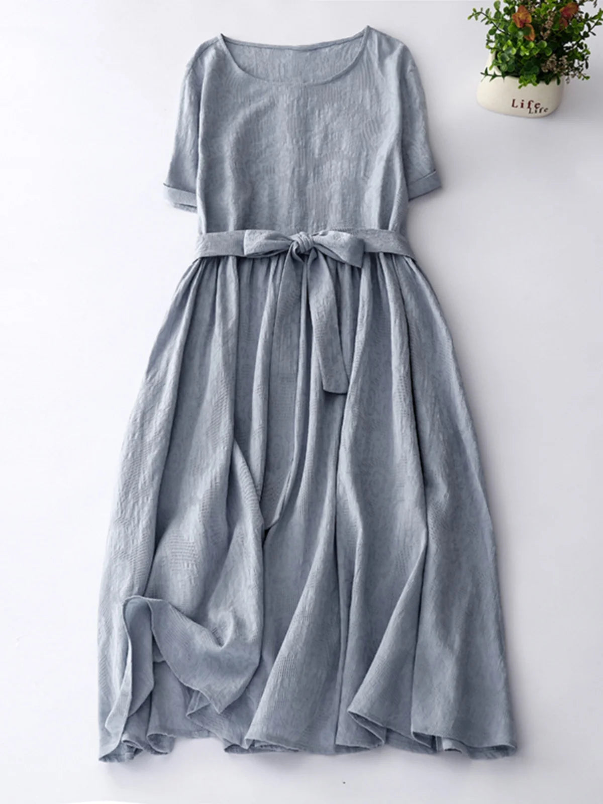 Japanese Style Loose Cotton Linen Dress – Women’s Vintage A-Line Over-Knee Long Dress with Round Neck
