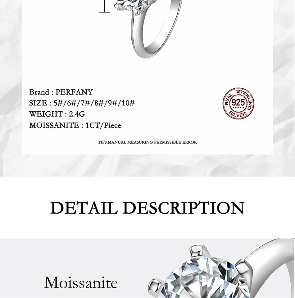 PERFANY 1–5CT Moissanite Ring for Women | S925 Pure Silver Six-Claw GRA Certified