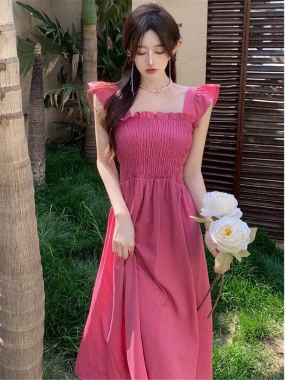 Summer 2025 Ele Hepburn Sle Tea Break Midi Dr Gathered Waist ort Sve Square Collar Pleated A-Line Dr