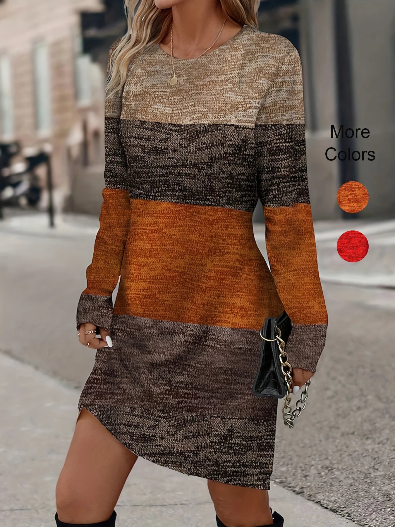 Women’s Colorblock Round Neck Slim Fit Dress – Long Sleeve Elegant Casual Dress for Halloween, Christmas, and Holiday Season