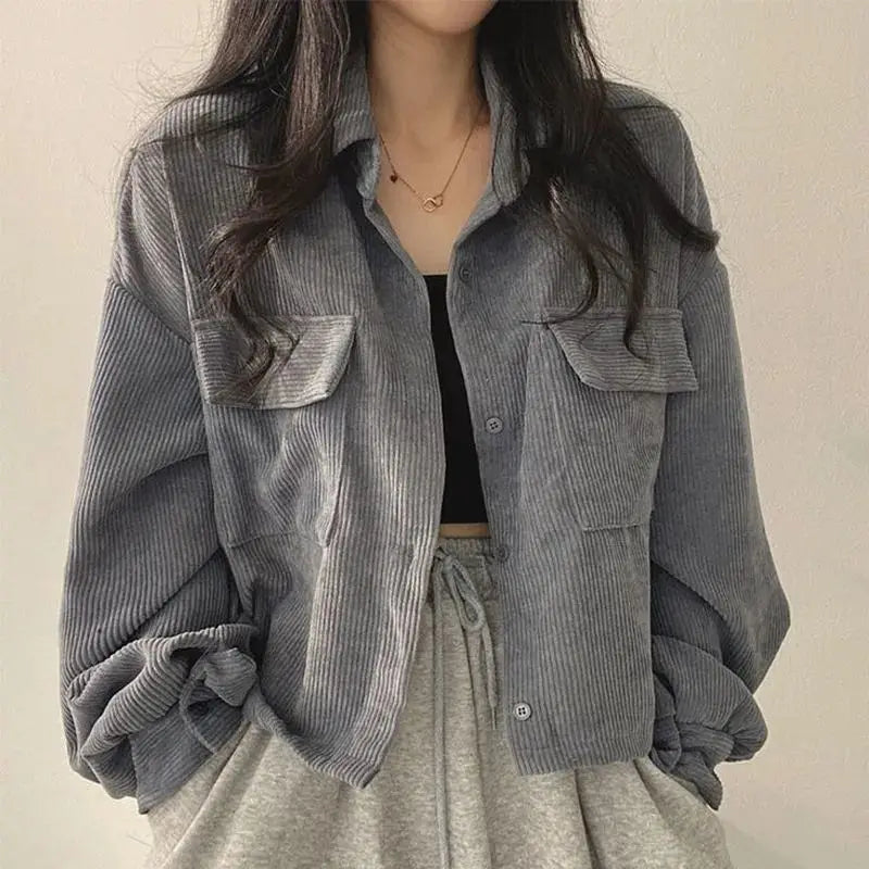 Black Corduroy Cardigan for Women | Korean Loose Fit Long Sleeve Jacket 2025