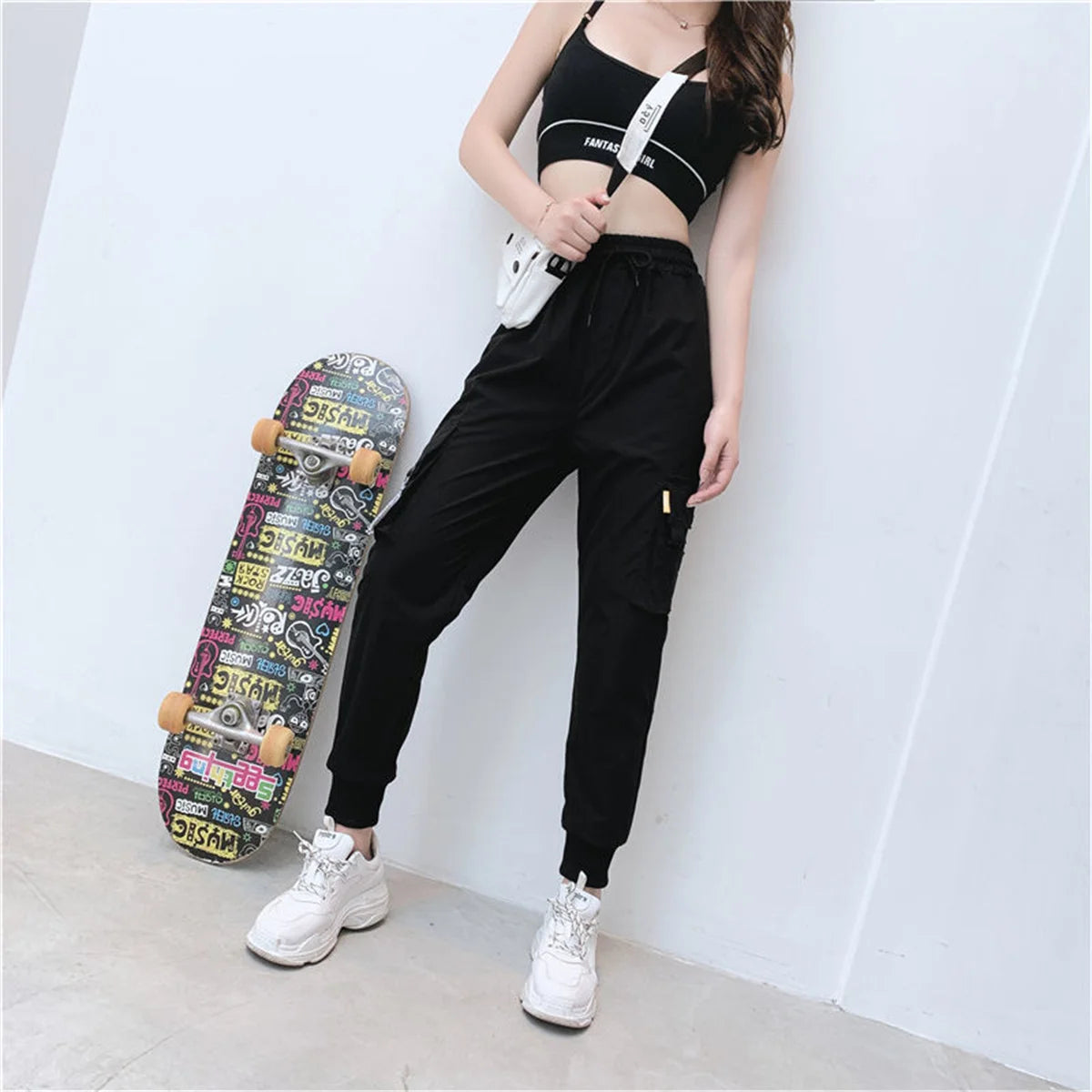 Black Cargo Pants for Women | High Waist Loose Joggers | Korean Hip Hop Streetwear Trousers