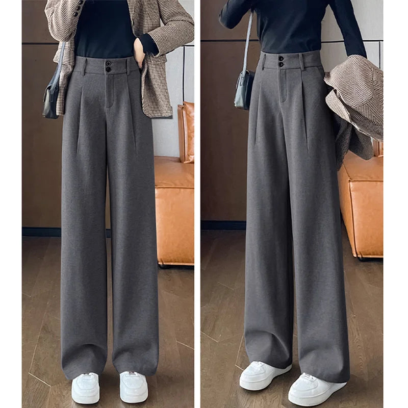 2024 Autumn Winter Women’s Woolen Wide Leg Pants – High Waist Thick Draping Trousers