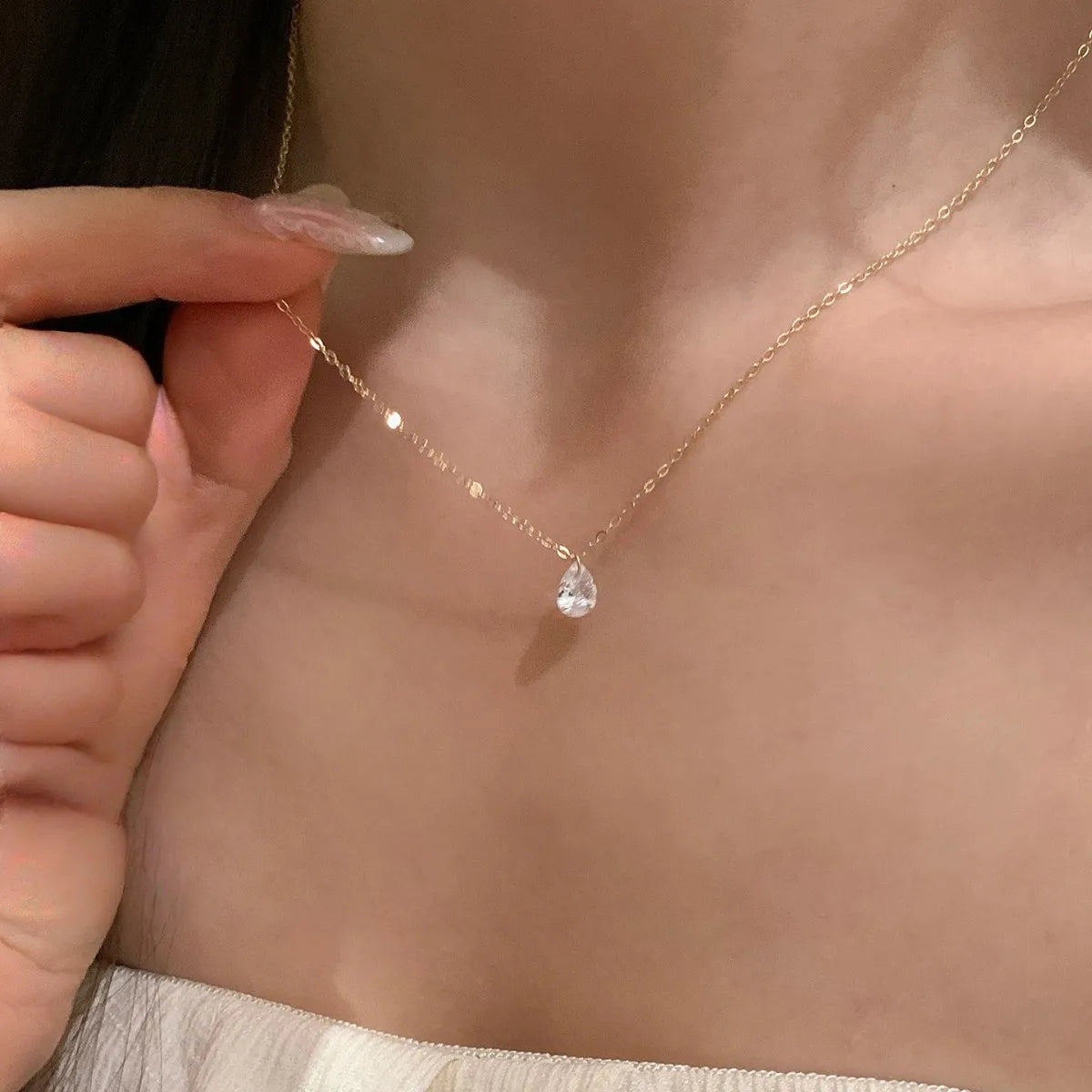 S925 Sterling Silver 14K Gold Plated Water Drop Zircon Pendant Necklace – Women’s Exquisite Collarbone Chain