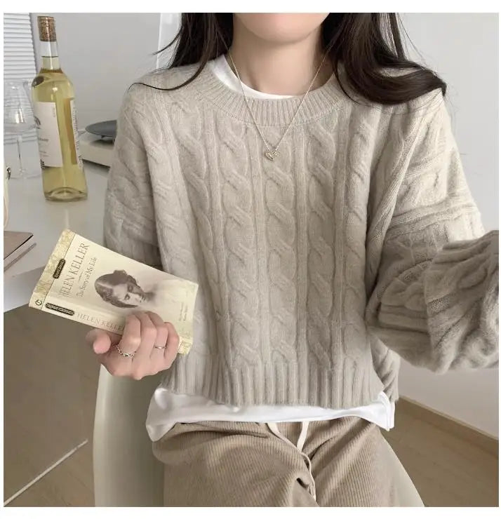 Soft ort Knitted Sweater Women's Top Lazy Sle Inner Wear Autumn Winter New Arrival Twist Cotton Long Sve round Ne Sw...