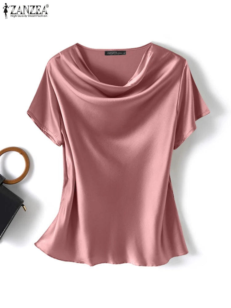 Women’s Summer ZANZEA Satin Blouse 2024 – Short Sleeve O-Neck Oversized Tunic 👚☀️