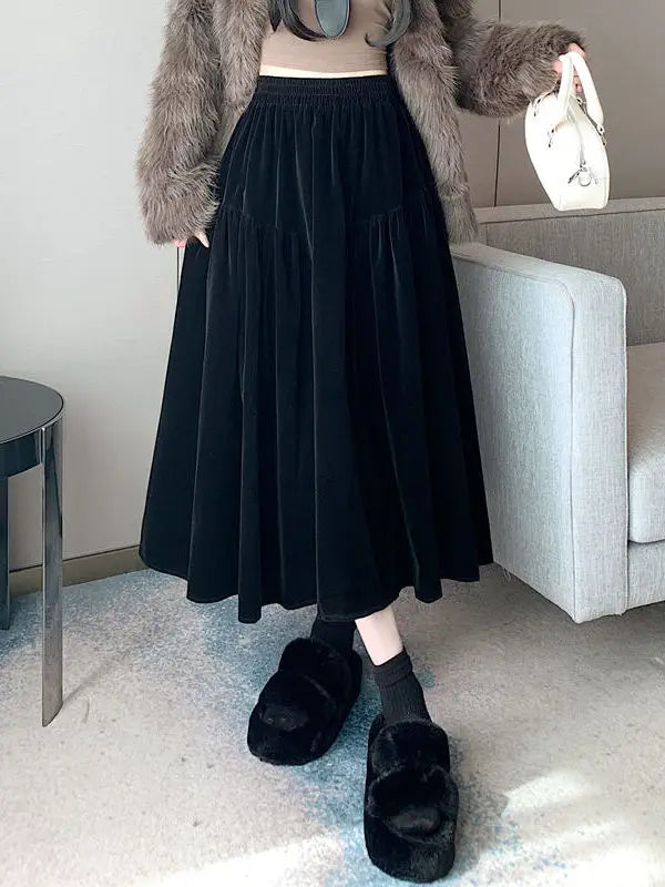 Plus Size Black Velvet Midi Skirt – High Waist A-Line Autumn Winter Mid-Length Skirt for Women