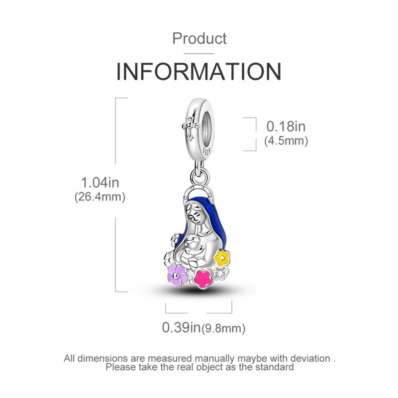 925 Sterling Silver Virgin Mary Dangle Charm | Fits Pandora Bracelet | Our Lady Pendant Bead | Religious DIY Jewelry Gift
