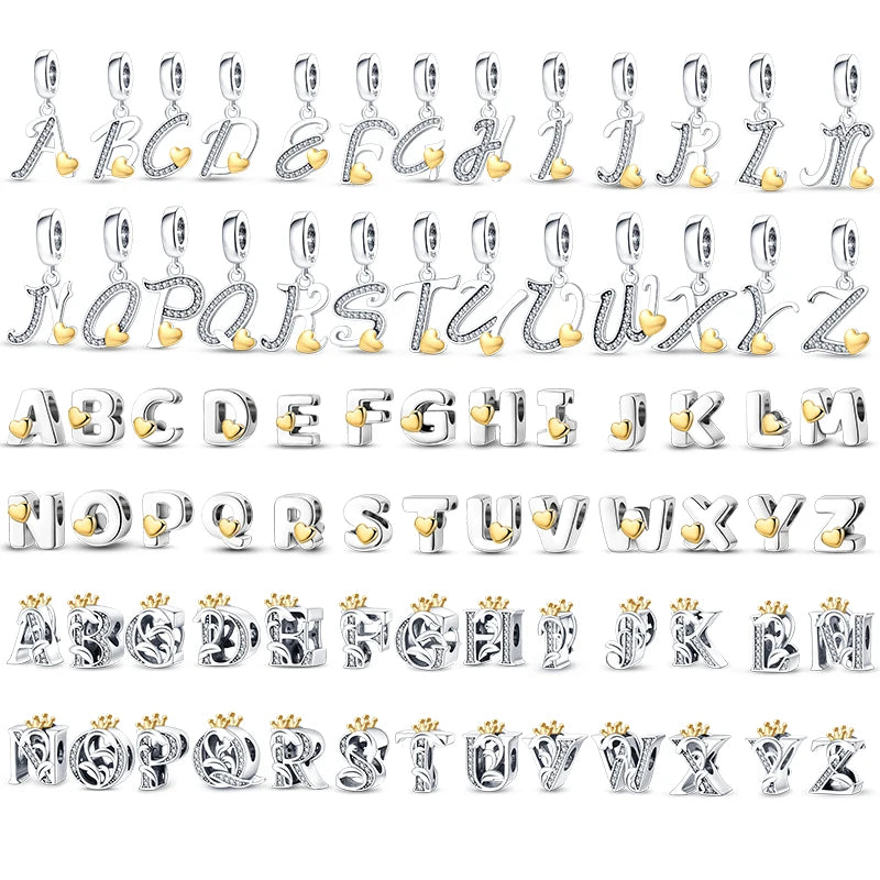 925 Sterling Silver Alphabet Letter A–Z Charm Beads | English Initial Pendant for Original Bracelet DIY Jewelry Making