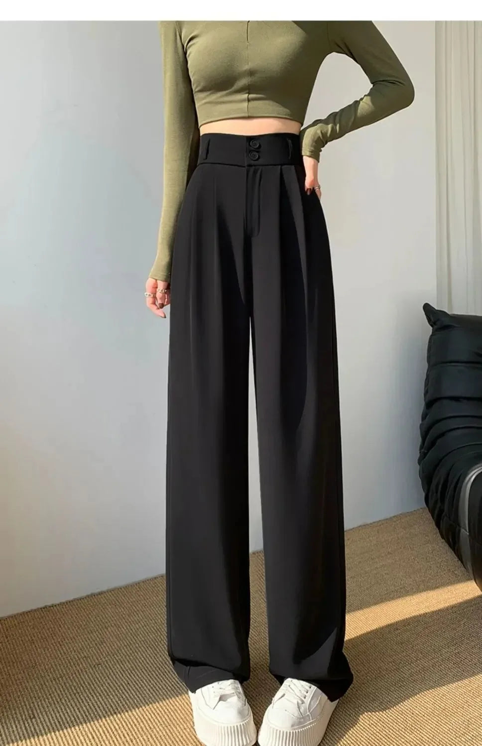 Elegant Wide Leg Pants | Women’s Korean Style High Waist Black Baggy Trousers