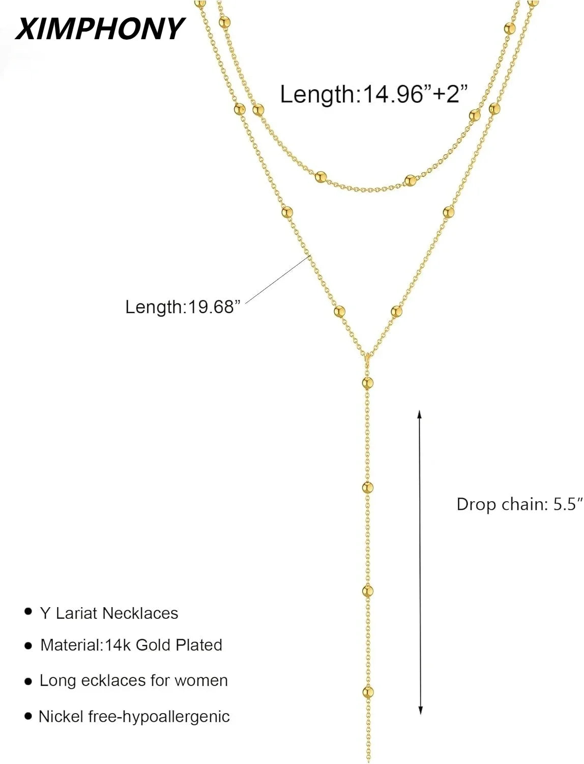 14K Gold Plated Y-Shaped Pendant Necklace for Women | Layered Beaded Chain Silver Drop Necklace Gift