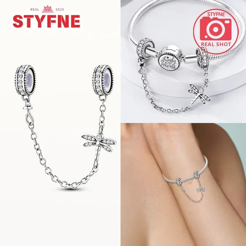 S925 Silver Cute Cat Heart Bead Safety Chain Fit Original Bracelet