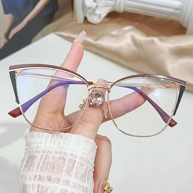 Fashion Cat-Eye Glasses – Women’s Multi-Color Splicing Metal Frames | European & American Color-Changing Anti-Blue Eyewear