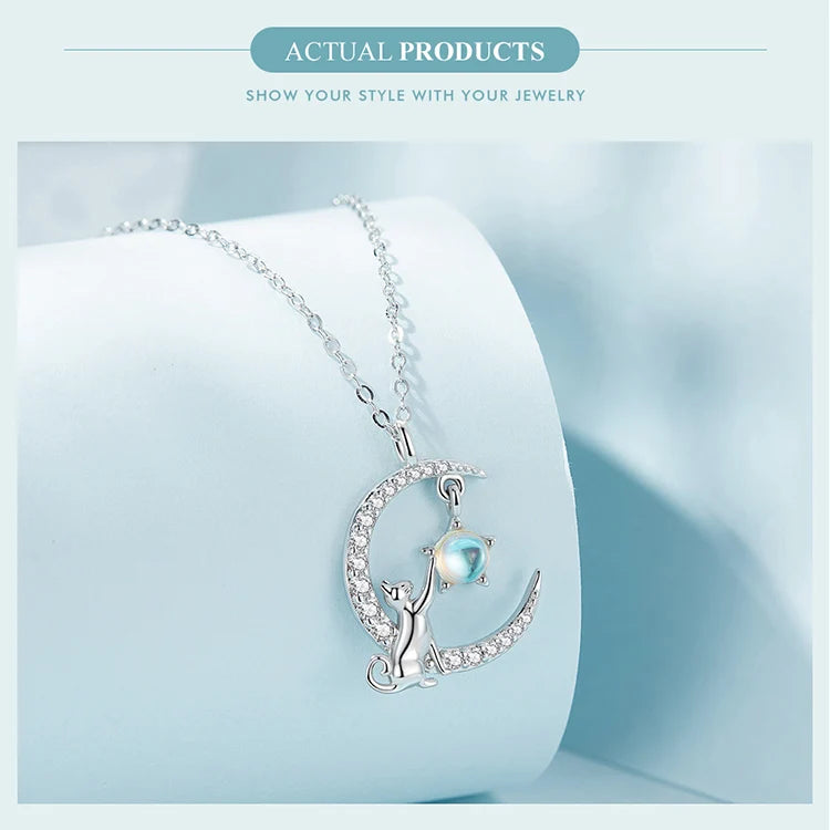 WOSTU 925 Sterling Silver Cat & Rabbit Moon Necklace | Star Zircon Pendant for Women Fine Jewelry Gift