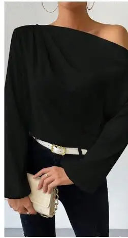 2025 Women’s One-Shoulder Elegant Blouse – Sexy Solid Color Long Sleeve Foreign Style Top 👚✨