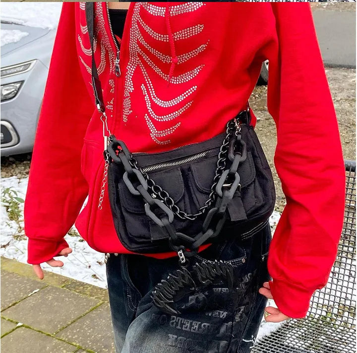 Y2K Rhinestone Skeleton Hoodie | Women’s Gothic Black Oversized Zip-Up Sweatshirt | Retro Harajuku Streetwear