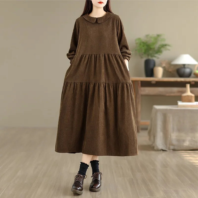 Corduroy Long Sleeve Doll Collar Dress 👗 Autumn Winter Loose A-Line Casual Midi Dress 🍂 Simple Chic Commute Dress