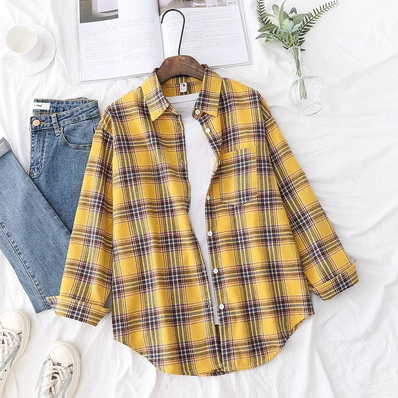 Women’s Plaid Shirt | Spring Autumn Long Sleeve Blouse | Casual Cotton Checkered Top
