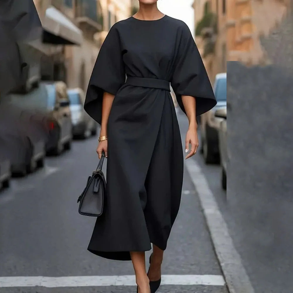 Elegant Long Sleeve Black Maxi Dress for Women | 2025 Loose O-Neck Casual Fashion Long Dress
