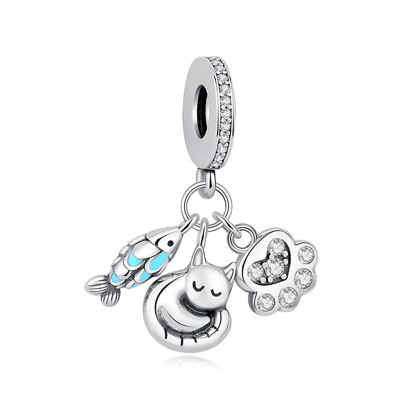 Original Sterling Silver Pet Paw Charm | Love Dog Cat Print Beads for Pandora Bracelets & DIY Jewelry