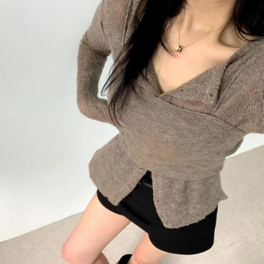 Simple round Ne Button up Knit Sweater Strap Set Casual Sle Polyester Fiber Open Cardigan for Women Autumn Winter ential
