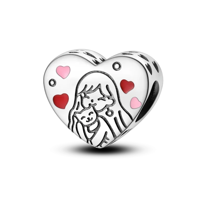 925 Sterling Silver Heart Shaped Warm Family Charm Beads Butterfly Flower Pendant