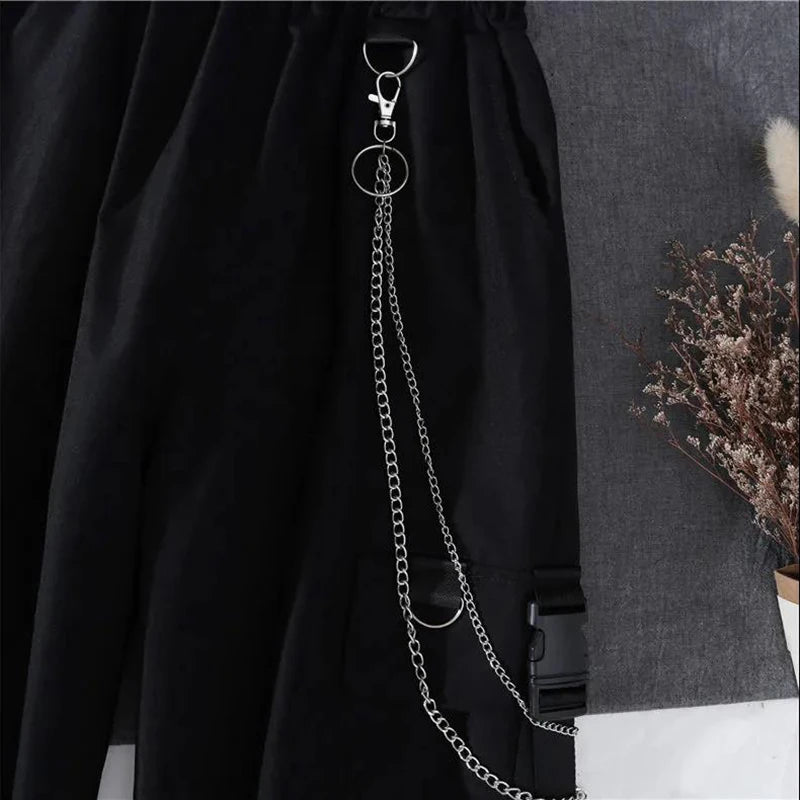 Spring Autumn Women’s Harajuku Cargo Two-Piece Suit – Cool Chain Ribbon Long Sleeve Top & Pants 🖤✨