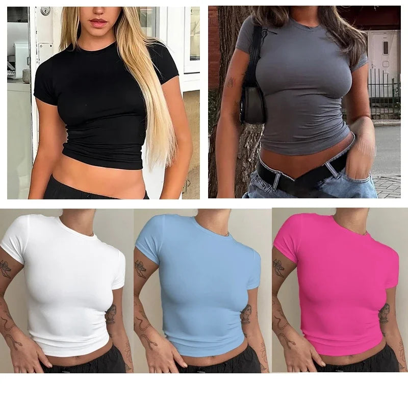 Women’s Slim Fit O-Neck Knitted T-Shirt – Y2K Streetwear Short Sleeve Sheath Tee 2024
