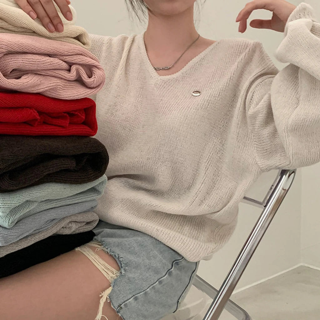 Loose Women’s Knitwear V-Neck Long Sleeve T-Shirt – Casual Comfortable Fashionable Autumn Top New Arrival